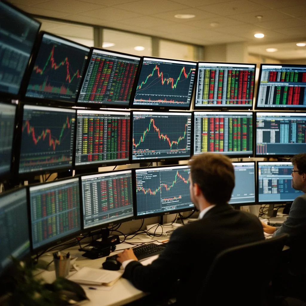 Institutional trading floor with market data